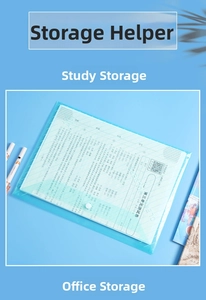 Detail of A4 blue transparent plastic file folder with snap closure and reinforced edge