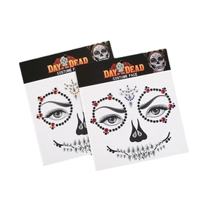 Two sets of Day of the Dead costume face gems with red and black skull pattern stickers