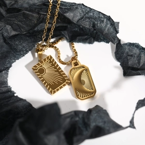Vintage Sun Moon Square Pendant Necklace Gold Vacuum Plated Titanium Steel Boho Minimalist Jewelry For Women