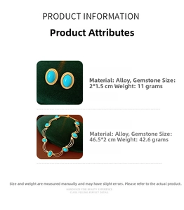 Macro detail of vintage oval gemstone jewelry set showing dimensions and necklace textures