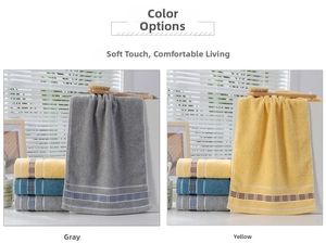 Detail view of gray and yellow cotton towels with decorative blue and white striped borders