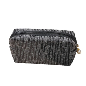 Fashionable grey sequin octagonal makeup bag with pearl pendant and zip closure