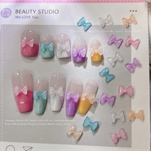 Ice translucent resin bow nail art charms in mixed pastel colors on display cards