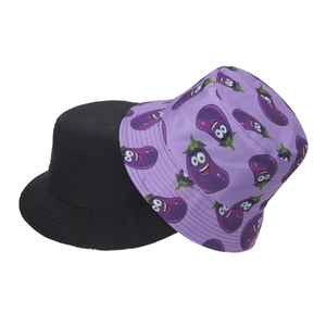 Reversible outdoor bucket hat set featuring black and purple cartoon eggplant prints