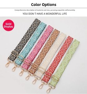 Detailed macro view of seven colorful geometric jacquard straps with gold metal swivel hooks