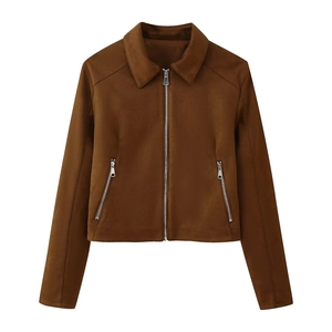 Women's autumn short suede jacket in caramel brown featuring a lapel and zipper closure