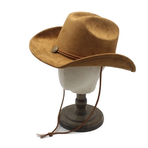 Classic brown faux suede cowboy hat with woven band and adjustable chin strap