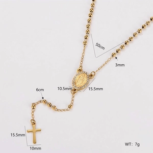 Gold stainless steel rosary necklace with crystal virgin mary medal and cross pendant