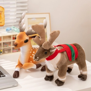 Cute plush Christmas reindeer toys with white spots and festive saddles in home setting