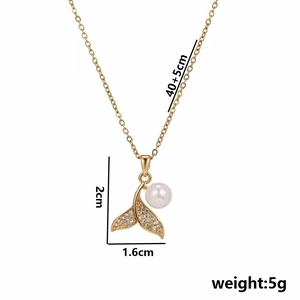 Elegant gold mermaid tail pearl pendant necklace with sparkling micro-pave crystals for women
