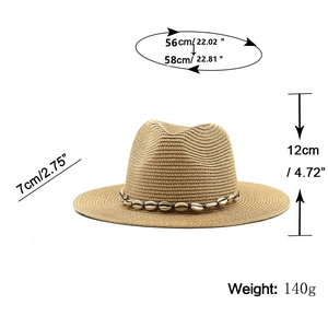 Beige hand-woven straw cowboy hat with shell band showing dimensions and 7cm wide brim