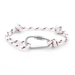 Close-up of RPET woven bracelet with red and black stripes and metal carabiner clasp