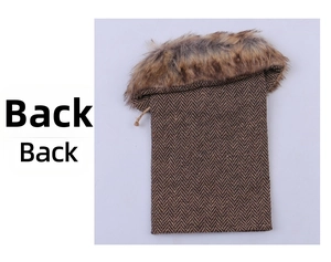 Back view of herringbone wine bottle cover with soft faux fur trim and drawstring