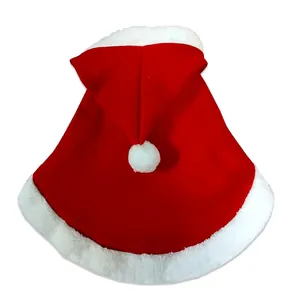 Festive red Christmas pet cloak with white plush trim and pompom hood for cats and dogs