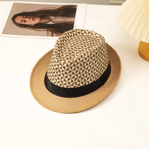 Summer fedora straw hat with geometric patterns and black ribbon for beach sun protection
