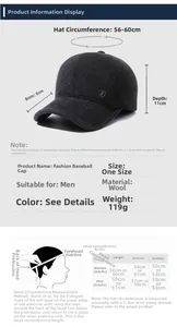 Detailed size chart for men's wool winter baseball cap with ear protection and dimensions