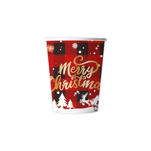 Red plaid Christmas paper cup with golden Merry Christmas text and winter pattern