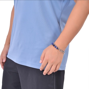 Men's double-layered bracelet featuring blue tiger eye stone beads and silver Cuban link chain