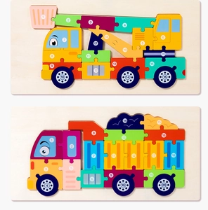 Detailed view of numbered wooden puzzles featuring colorful crane and dump truck designs