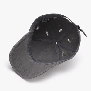 Distressed dark gray cotton baseball cap with retro vintage worn finish and metal buckle