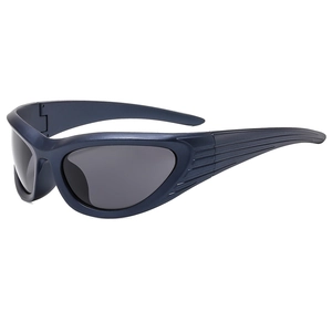 Y2K sporty oversized wraparound sunglasses in navy blue with gray UV protection lenses