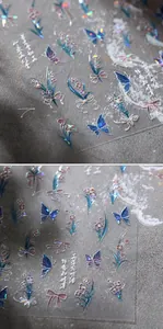 Macro detail of laser holographic butterfly and floral nail stickers with metallic finish