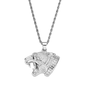 Silver hip hop tiger head pendant necklace with sparkling stones on twisted rope chain