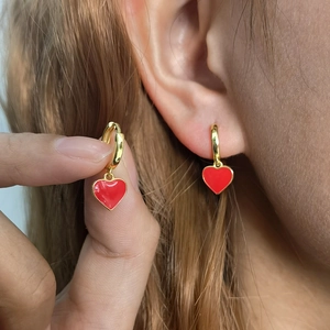 S925 silver heart hoop earrings with red enamel charms and elegant gold plating
