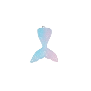 Close-up of gradient blue and purple resin mermaid tail charm with shiny glitter and ring