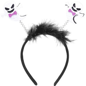 Close-up of Halloween ghost headband with black feathers and pink sequin bow ties