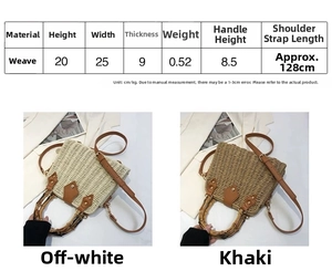 Size chart showing woven bag dimensions with 25cm width and bamboo handle detail