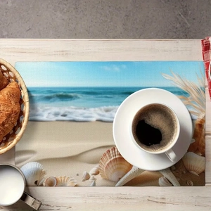 Blue ocean beach shell placemat with starfish on a white rustic wooden table