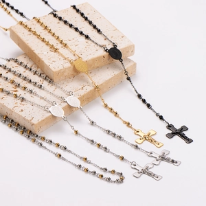 Classic stainless steel rosary necklaces with cross pendants in gold, silver and black