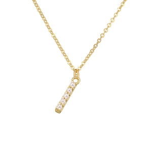 Detail of elegant gold-plated pendant featuring five small pearls on a vertical bar chain