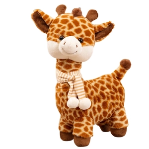 Cute plush giraffe toy with yellow striped scarf on white background for kids