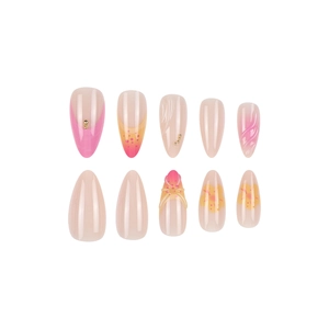 Unghie finte a mandorla con fiori gialli, onde 3D e perle dorate per un look dolce