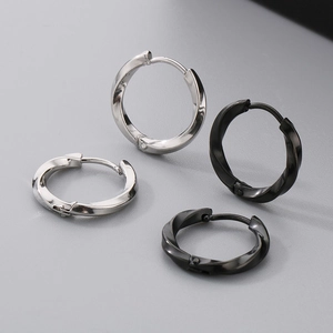 Pair of silver and black Mobius twist stainless steel hoop earrings for men and women