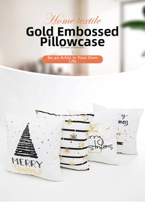 Detailed view of four white Christmas pillowcases with gold foil trees and snowflakes