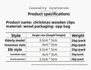 Detailed size chart for Christmas wooden clips featuring Santa, Snowman and Reindeer
