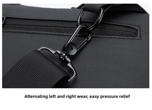 Detail of metal buckle and waterproof zipper on the ergonomic motorcycle chest bag