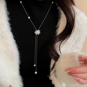 Détail d'un collier à pampilles argenté avec perles et pendentif étoile sur mannequin