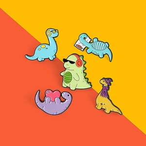 Set of five colorful cartoon enamel dinosaur pins with headphones and sunglasses details