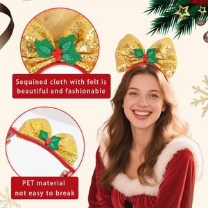 Close-up of golden sequin bow headband with festive holly leaves and berry details