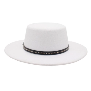 Elegant white flat top wool boater hat with black studded band for sun protection