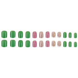 French style press-on nails set with green glaze, pink leopard prints and gold glitter