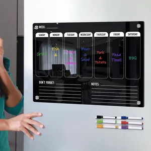 Close-up of magnetic black acrylic weekly planner on white fridge with 6 colored markers