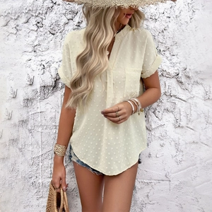 V Neck Short Sleeve Swiss Dot Blouse Top For Women Casual Summer Button Back Textured Shirt With Pockets
