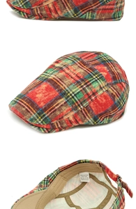 Detailed views of red plaid cotton beret showing stitching, labels and size tag