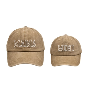 Matching set of MAMA and MINI embroidered cotton baseball caps in khaki wash
