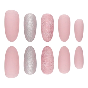 Matte pink and silver glitter oval press-on nails featuring white snowflake designs